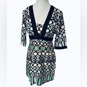 100% Silk Milly of New York Small 6 Aqua Black White Geometric Dress Designer